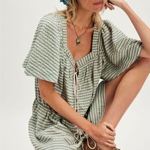 Free People Striped/Gingham Green and White Romper
